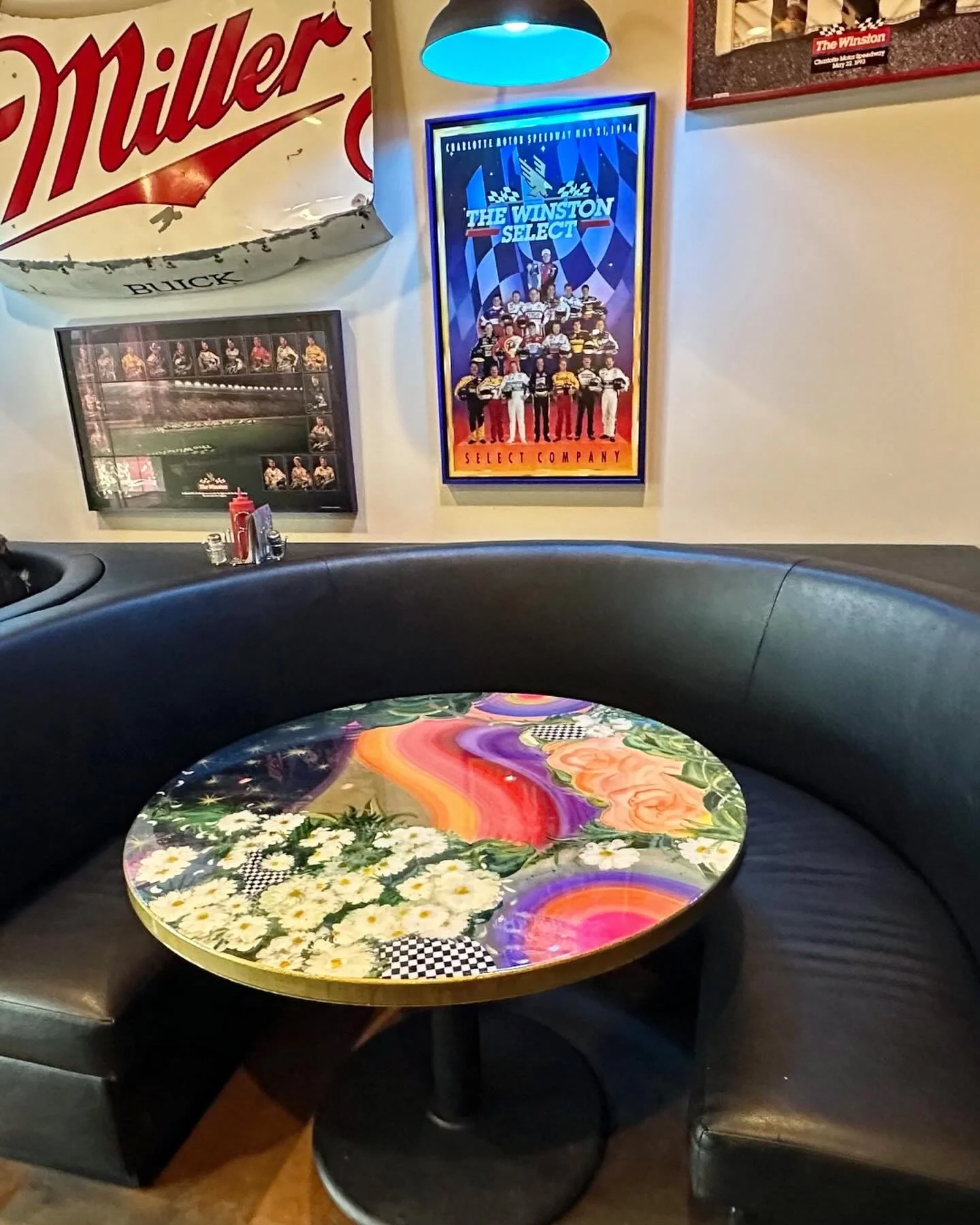 mixed media and layered resin on Boos block table for Pinky's Westside Grill by NC artist Amanda Moody