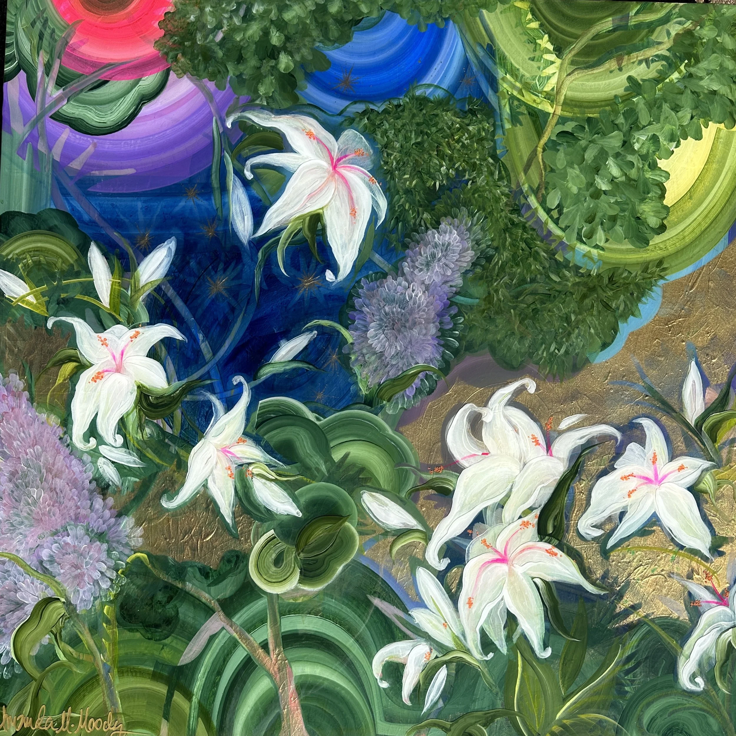 detail of  mixed media abstract floral resin art i heard you like magic by nc artist amanda moody