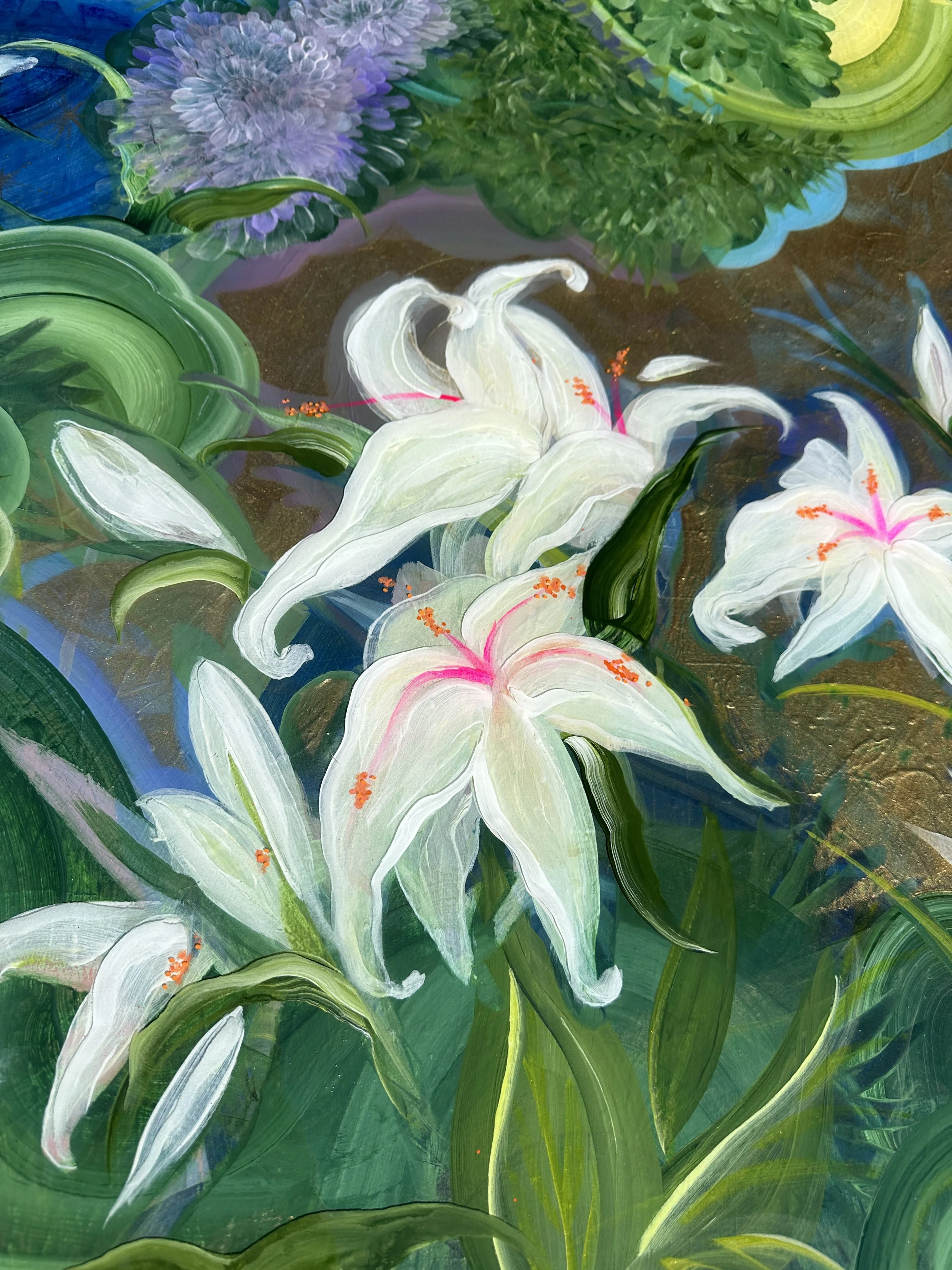 detail of  mixed media abstract floral resin art i heard you like magic by nc artist amanda moody