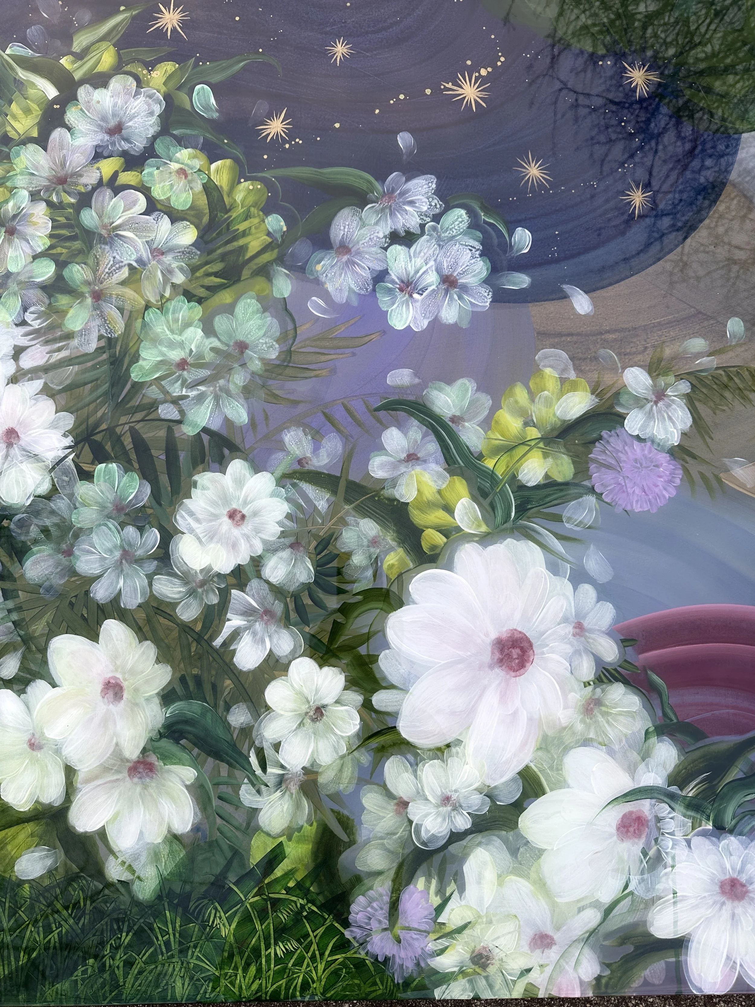 detail of night blooms abstract floral mixed media resin art by nc artist amanda moody