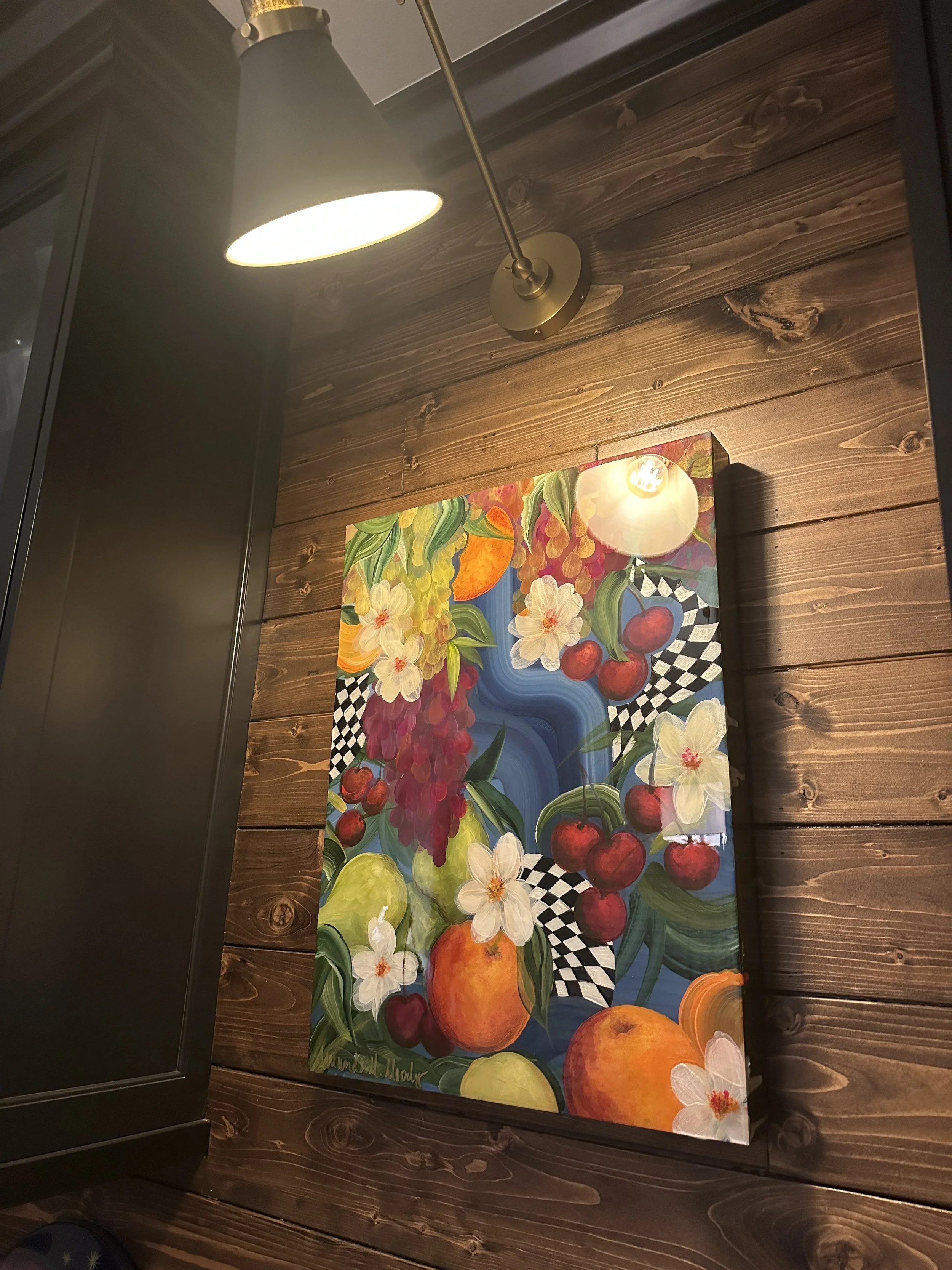 marmalade mixed media and resin abstract floral fruit painting by nc artist amanda moody