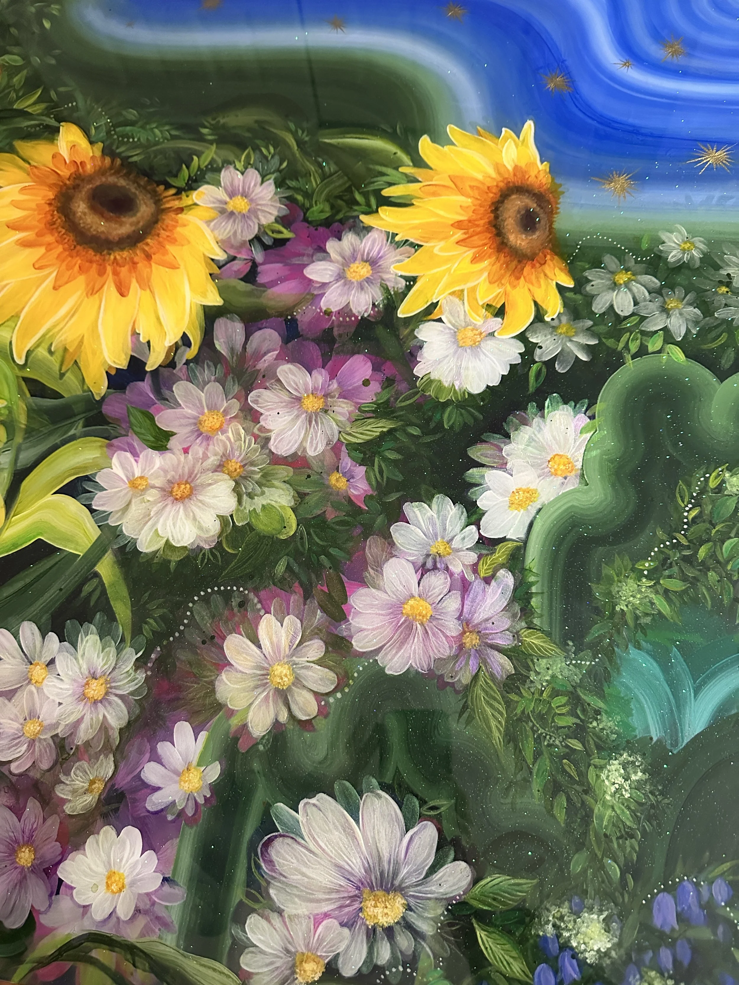 detail of china cat sunflower contemporary floral landscape resin art by artist amanda moody