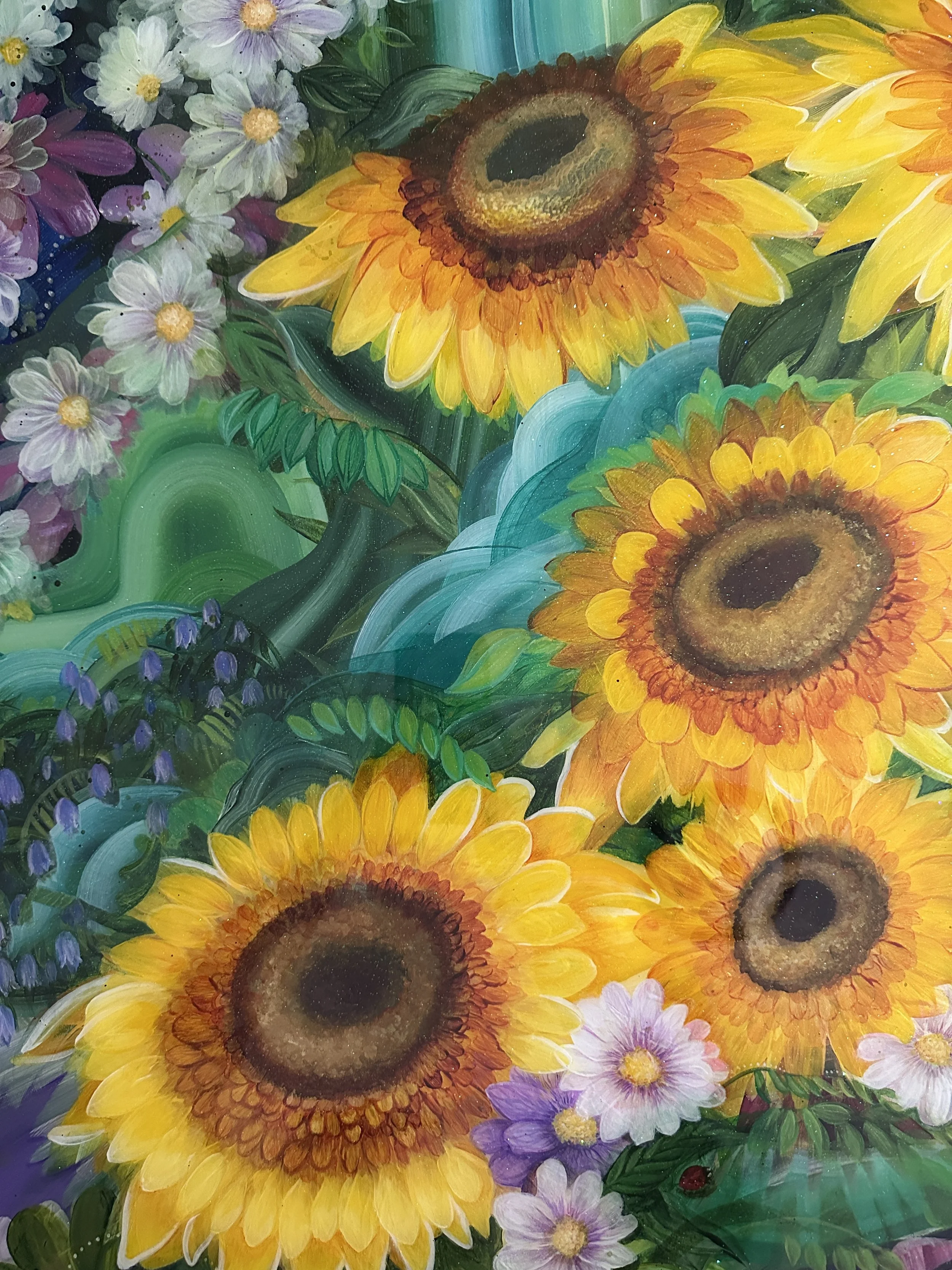 detail of china cat sunflower contemporary floral landscape resin art by artist amanda moody