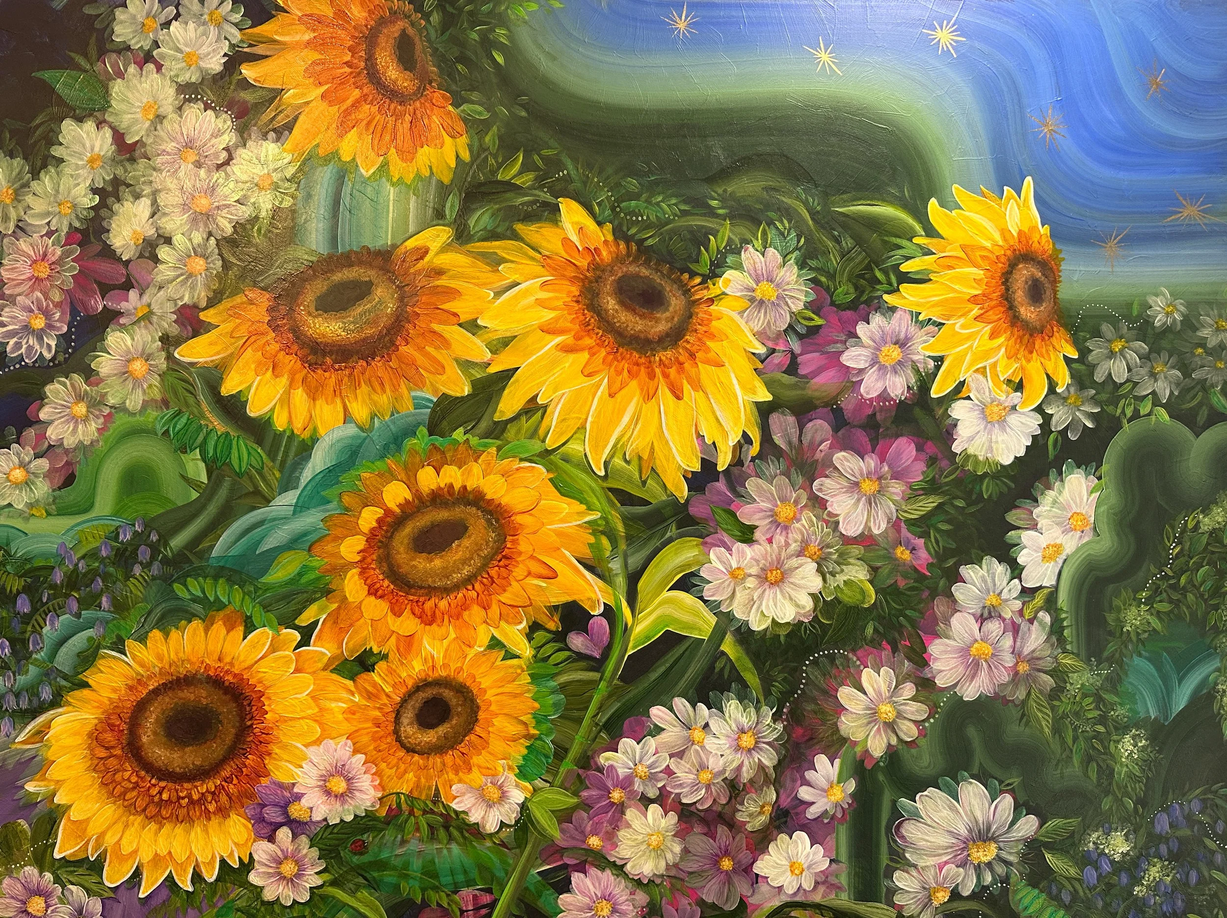 detail of china cat sunflower contemporary floral landscape resin art by artist amanda moody