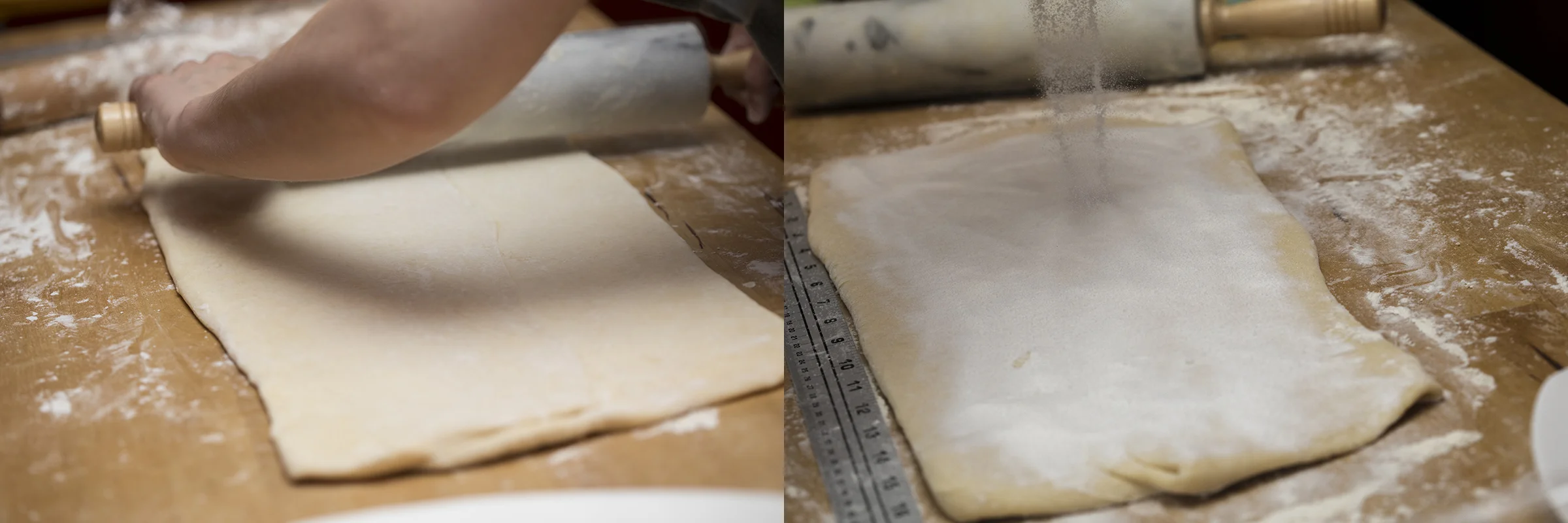 Rolling out my layers. Adding sugar only to the last layer-per Paul Hollywood's instructions on the technical.