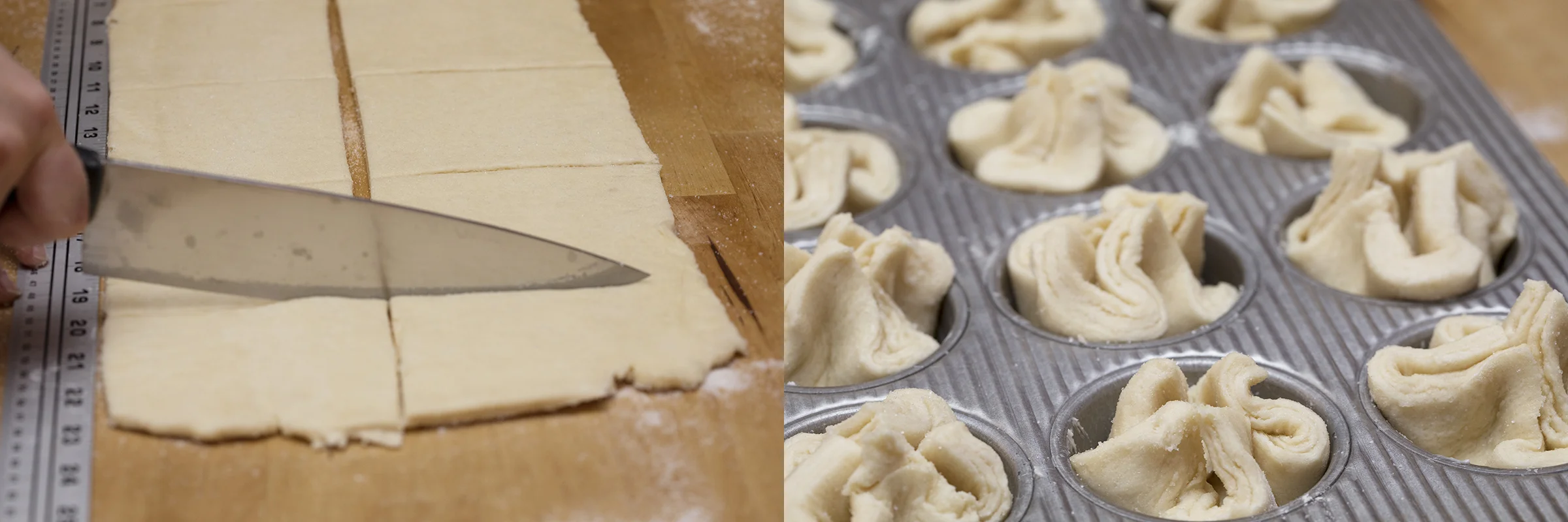 Roll out rested dough into an 8x24" rectangle and cut into 12 even 4" squares.