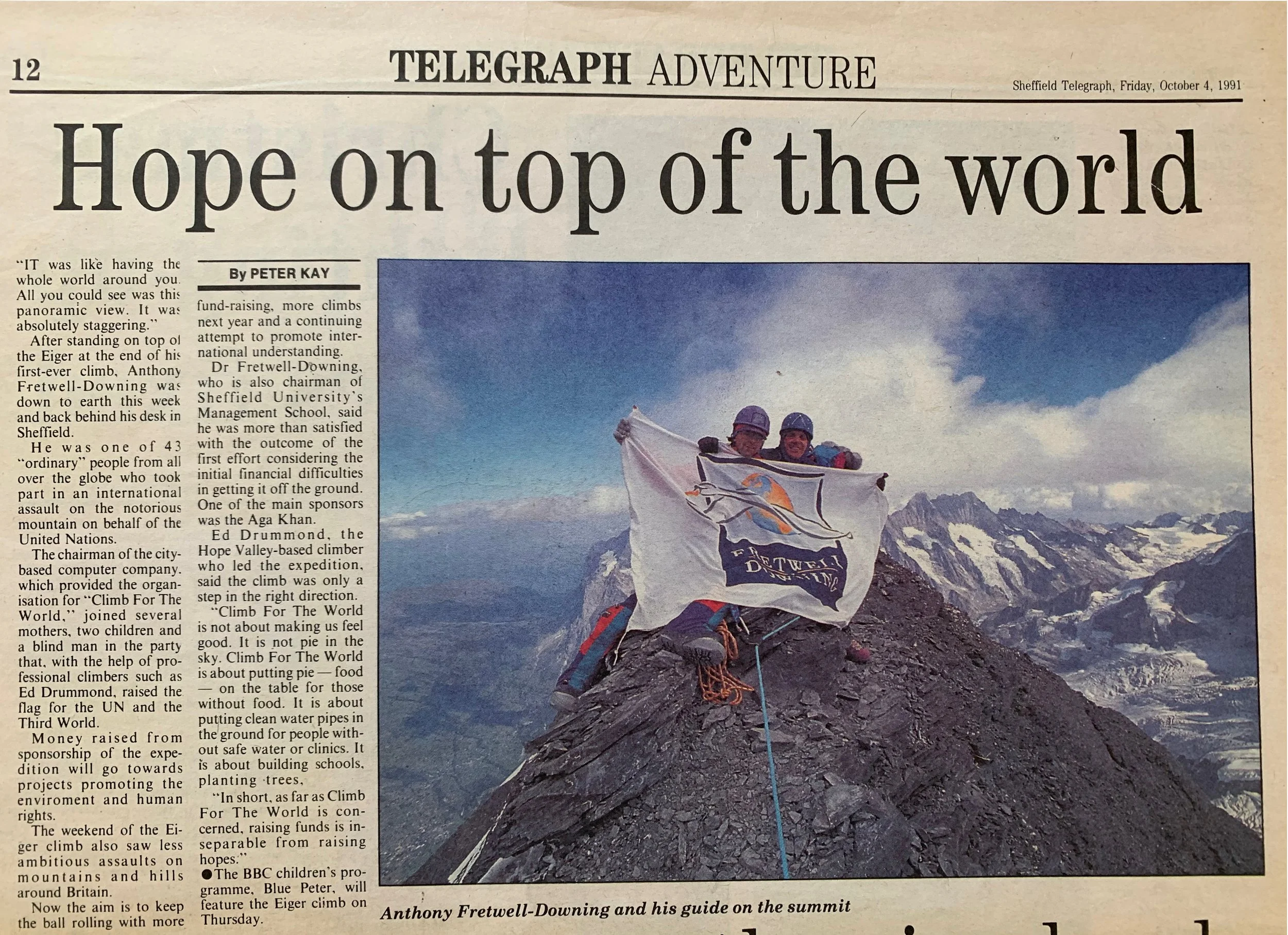 On the summit of the Eiger with the events sponsor Anthony Fretwell-Downing after our ascent of the West Flank in 1991
