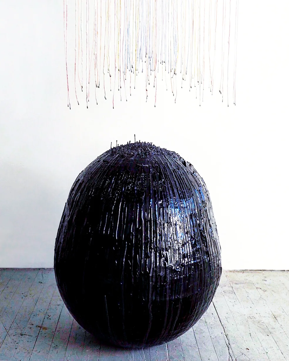 Alison Kudlow, Gravitational Space, Resin, silver-leaf, embroidery thread, and mixed media, 85 x 35 x 35 inches