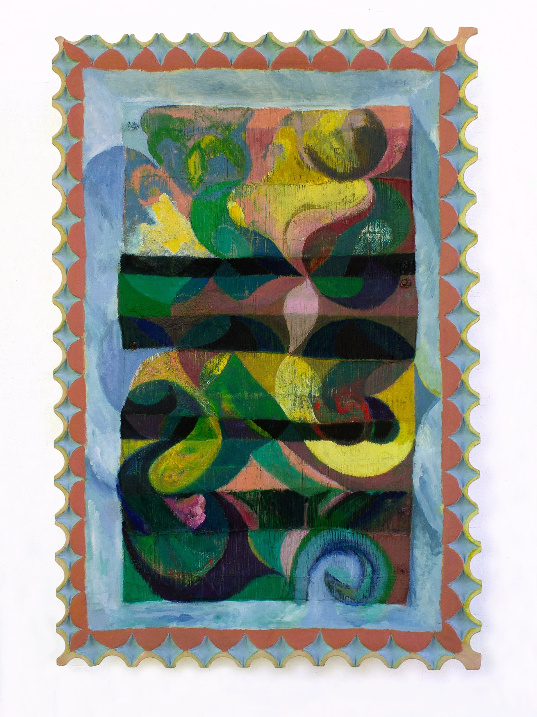  Beck Lowry "Words for sunrise" 2026, Painted weaving on artist-made canvas (plywood, crochet thread, fabric, oil paint, 26 1/4 x 18 x 2 3/4 in, 66.7 x 45.7 x 7 cm