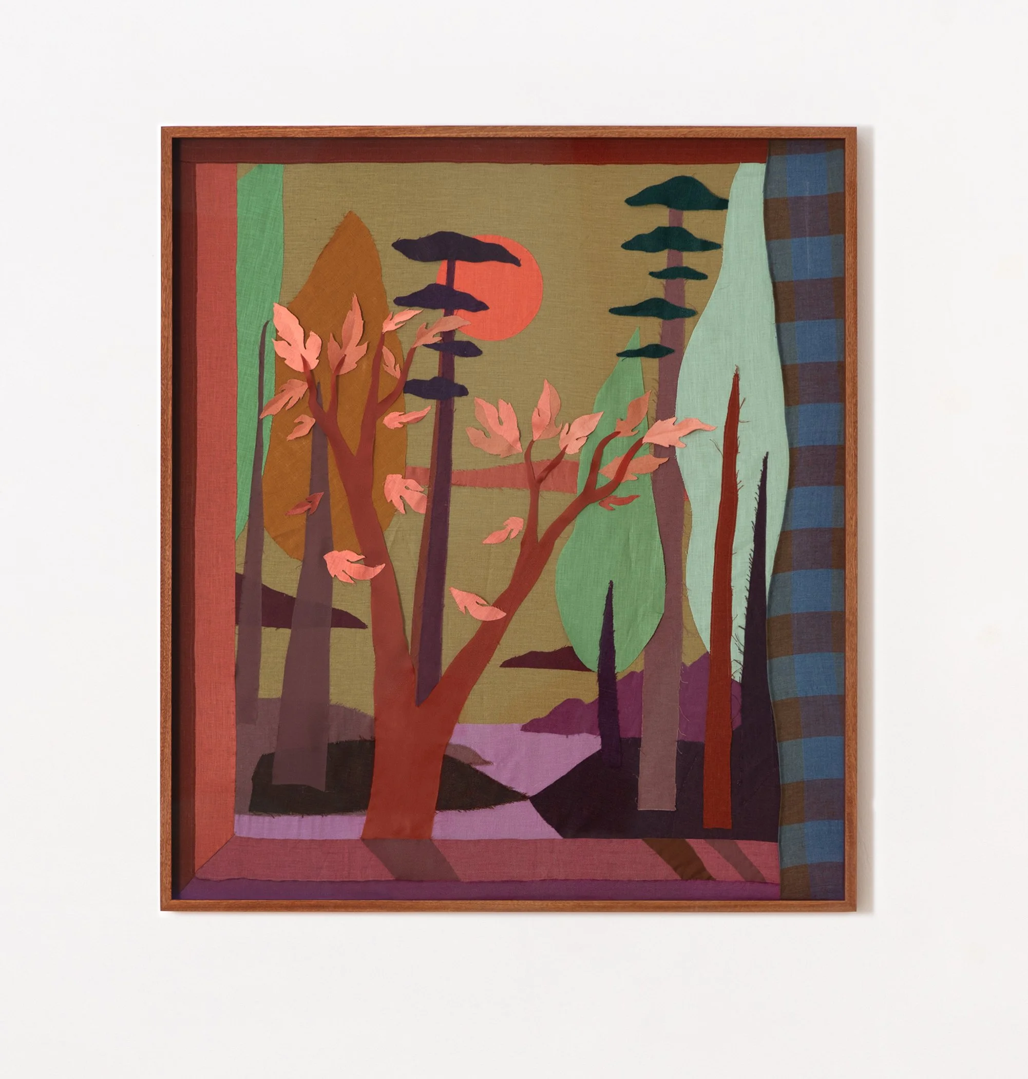 Lisha Bai "Forest Noon" 2026, Linen, organza, voile, Frame: Optium plexiglass, Sapele wood, 39 1/4 x 37 1/4 in, 99.7 x 94.6 cm