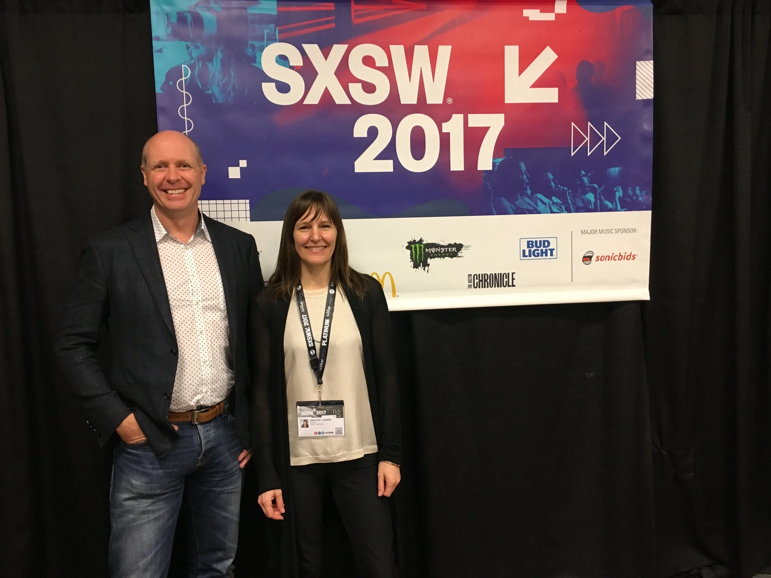 Jen Lussier (right) with Clark Johannson, President & CEO of Calgary's Clickspace Interactive (left) at SXSW 2017. 