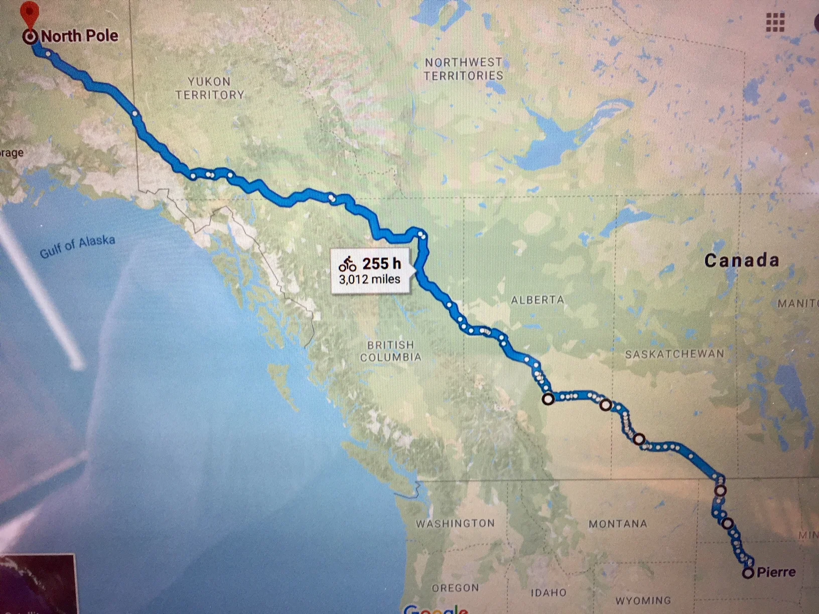 Map: Pierre to the Pole (2,998 miles)