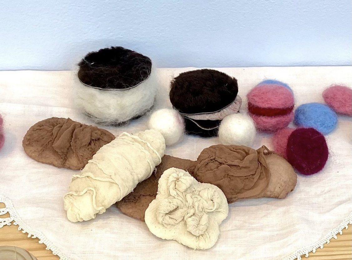 Wen-hao Tien, series of cookie sculptures in process, 2022, created with silk, wool, fur, leather, and pearls.