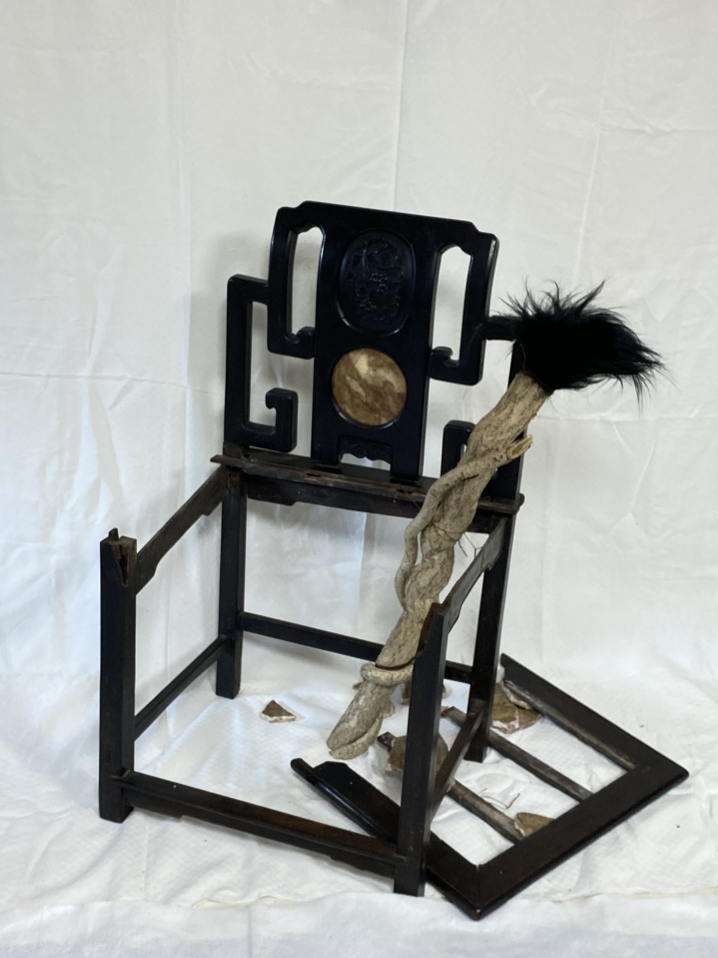 Wen-hao Tien, Have A Seat (2022), mixed media installation created from deconstructed vintage Chinese chair, vine, and animal fur.