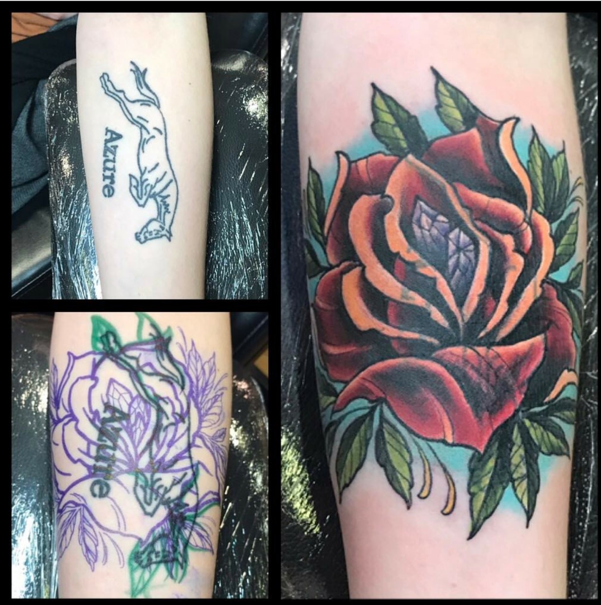 Squid Ink Tattoo and Art Gallery  Awesome cover up with some American  traditional today by travlowery thank you po3ferrell for coming in   squidinktattooandart tattoo tattoos  americantraditionaltattoo snaketattoo rosetattoo 