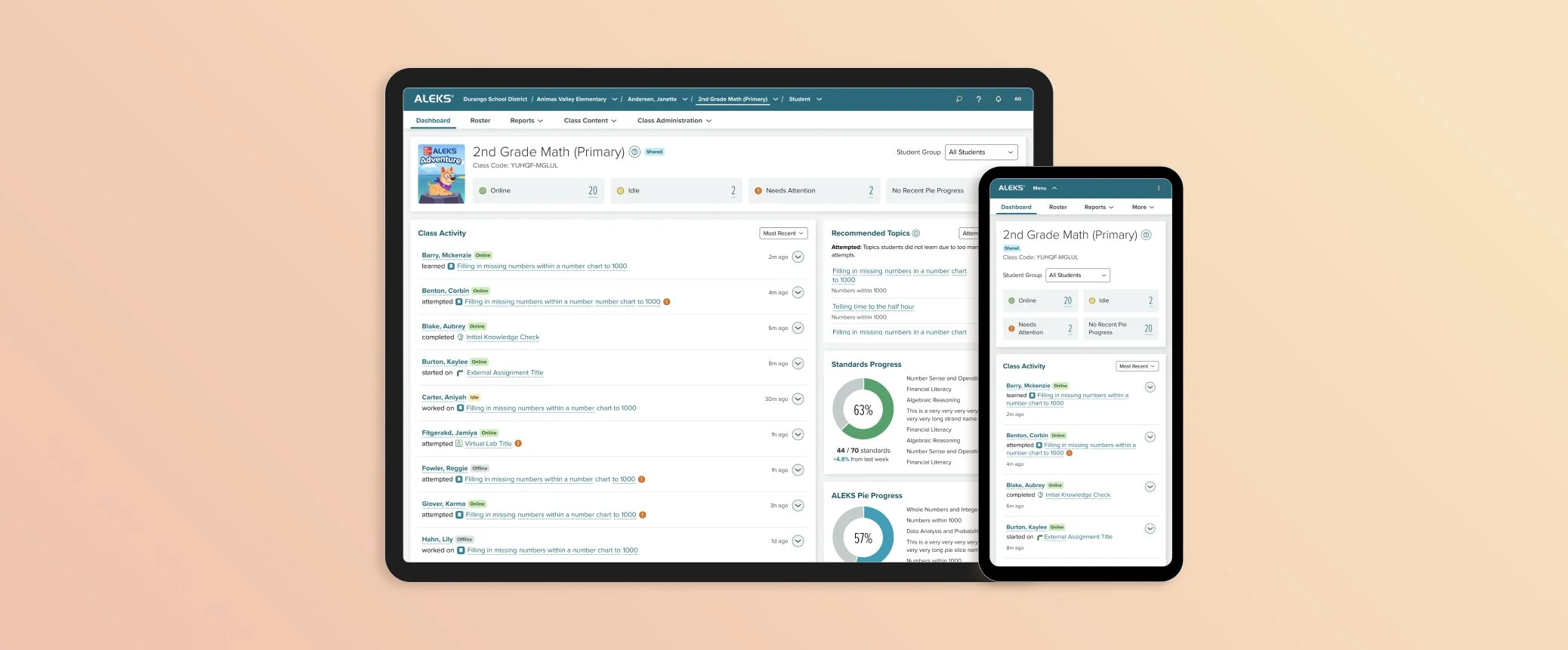mockup of the dashboard of the ALEKS platform