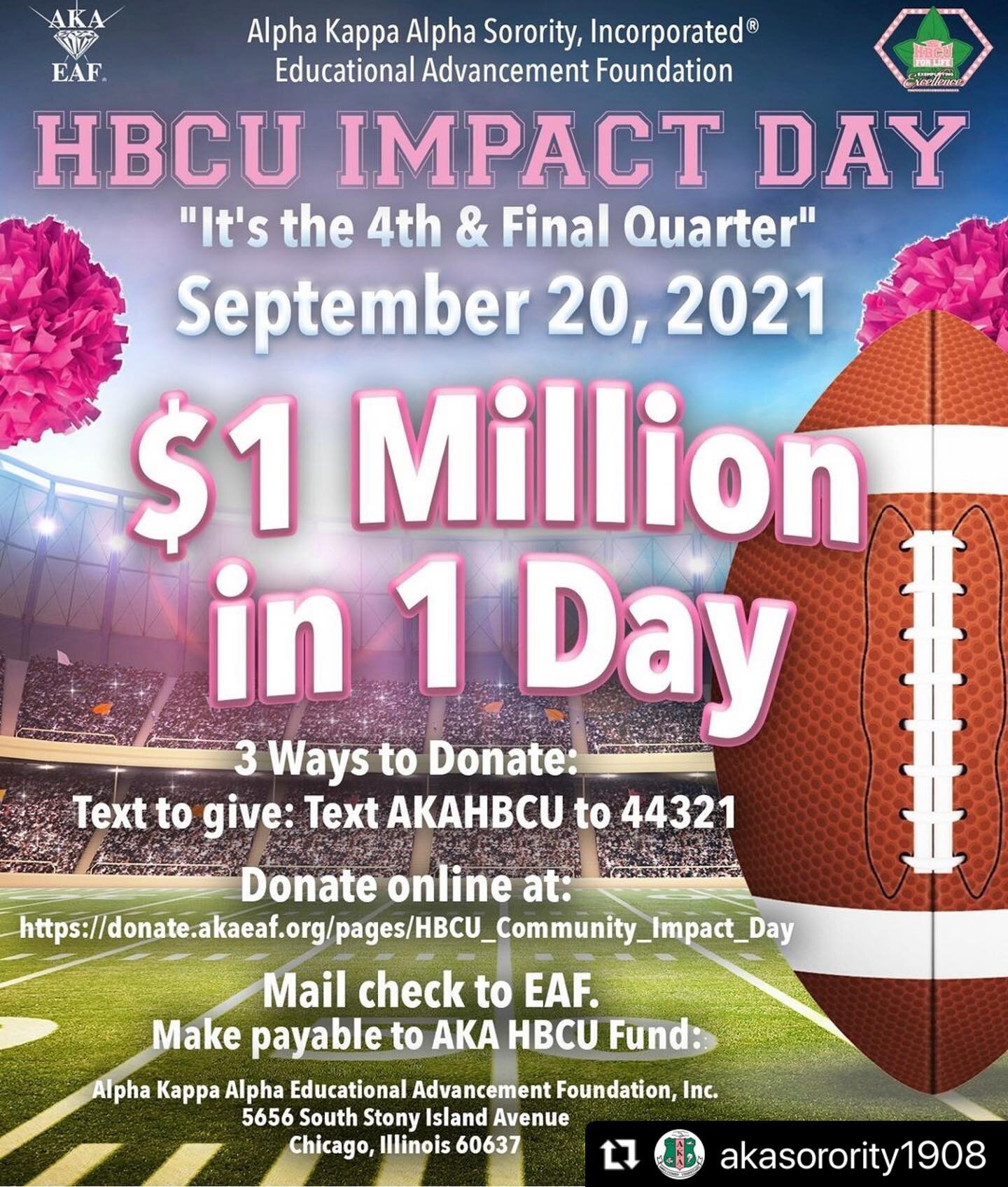 #Repost @akasorority1908 
・・・
Are you ready? Next Monday, September 20, we will make history by raising $1 million in one day for a fourth, consecutive year!

There are three ways to give. Let's make HBCU Impact Day 2021 a success!