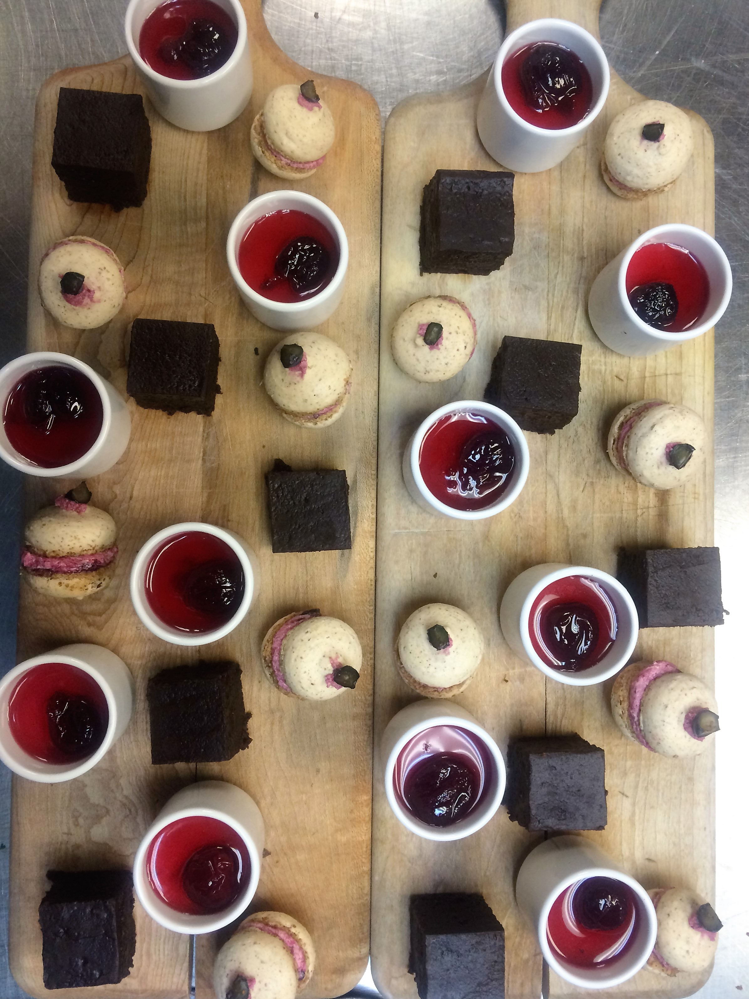 Chocolate Flourless Cake - Sour Cherry Panacotta - Berry Almond Macarons