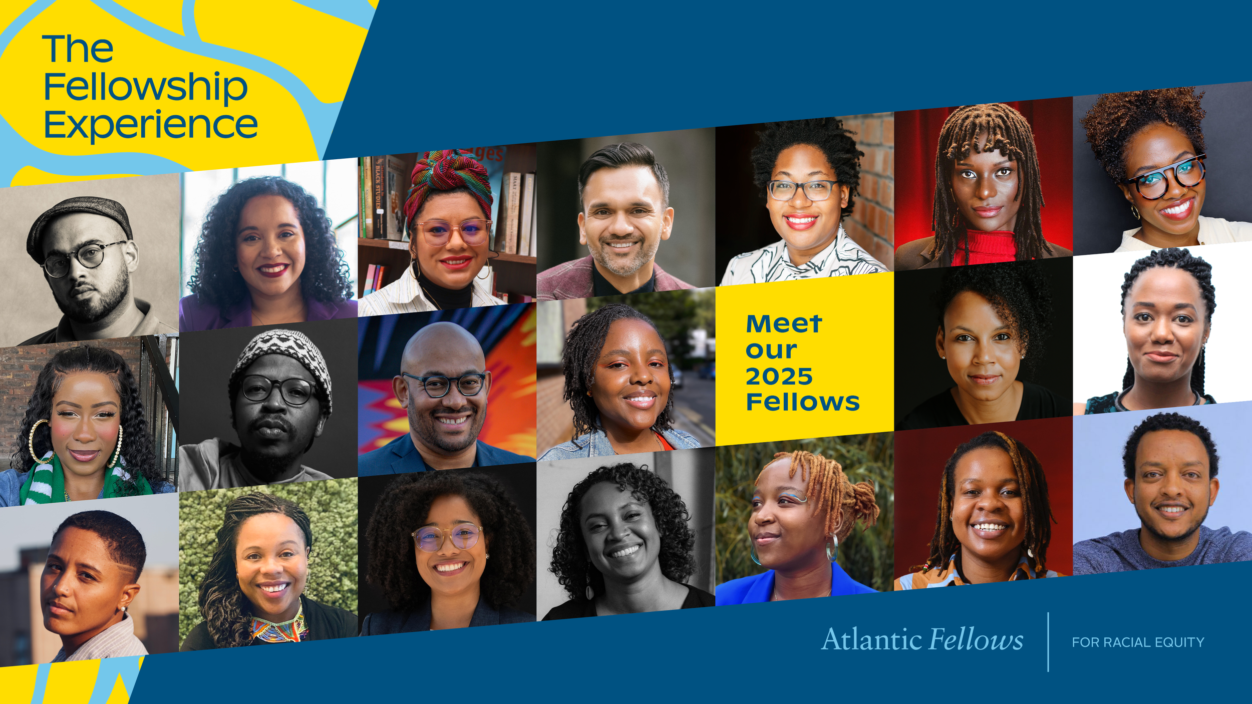 Panel of headshots featuring AFRE's 2025 fellows set on a background that is 4/5ths deep blue and 1/5ths a light blue tributaries pattern set on yellow.
