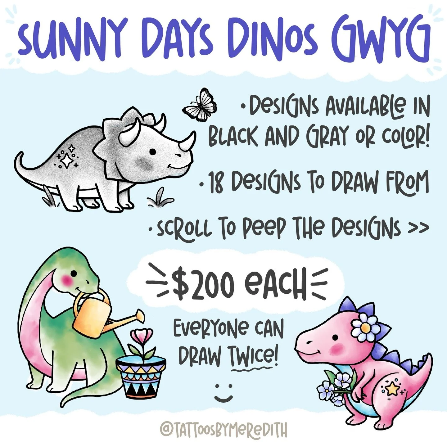 Hey friend!!! Do you like refreshing spring weather and dinosaur tattoos? Meeee toooo. I can&rsquo;t control the weather but we can certainly make tattoos. 🦖💕

To participate in this get what you get, please fill out the form in my profile. 🦕✨

📍
