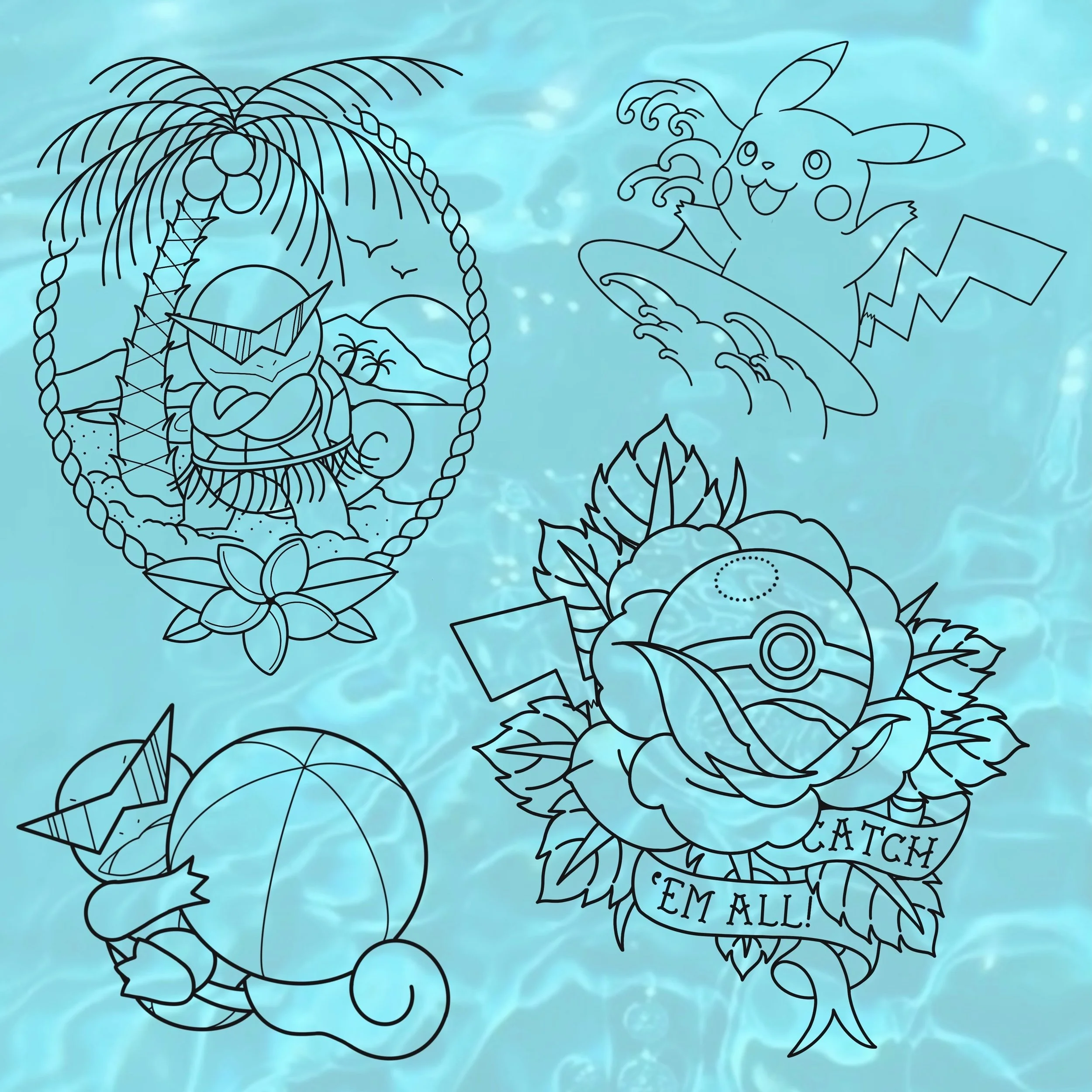 Dying to tattoo some summertime Pok&eacute;mon 😎☀️ Submit a tattoo request via my bio link to snag one of these guys! 🏝️