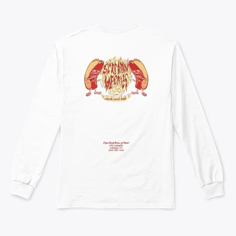 New stuff! I'm doing a run of designs based on places that don't exist but make me giggle a little bit. If you want to buy a shirt or sweater and lie to people about going to a place this is it! First up is SCREAMIN' WEENIES, a death metal hot dog re