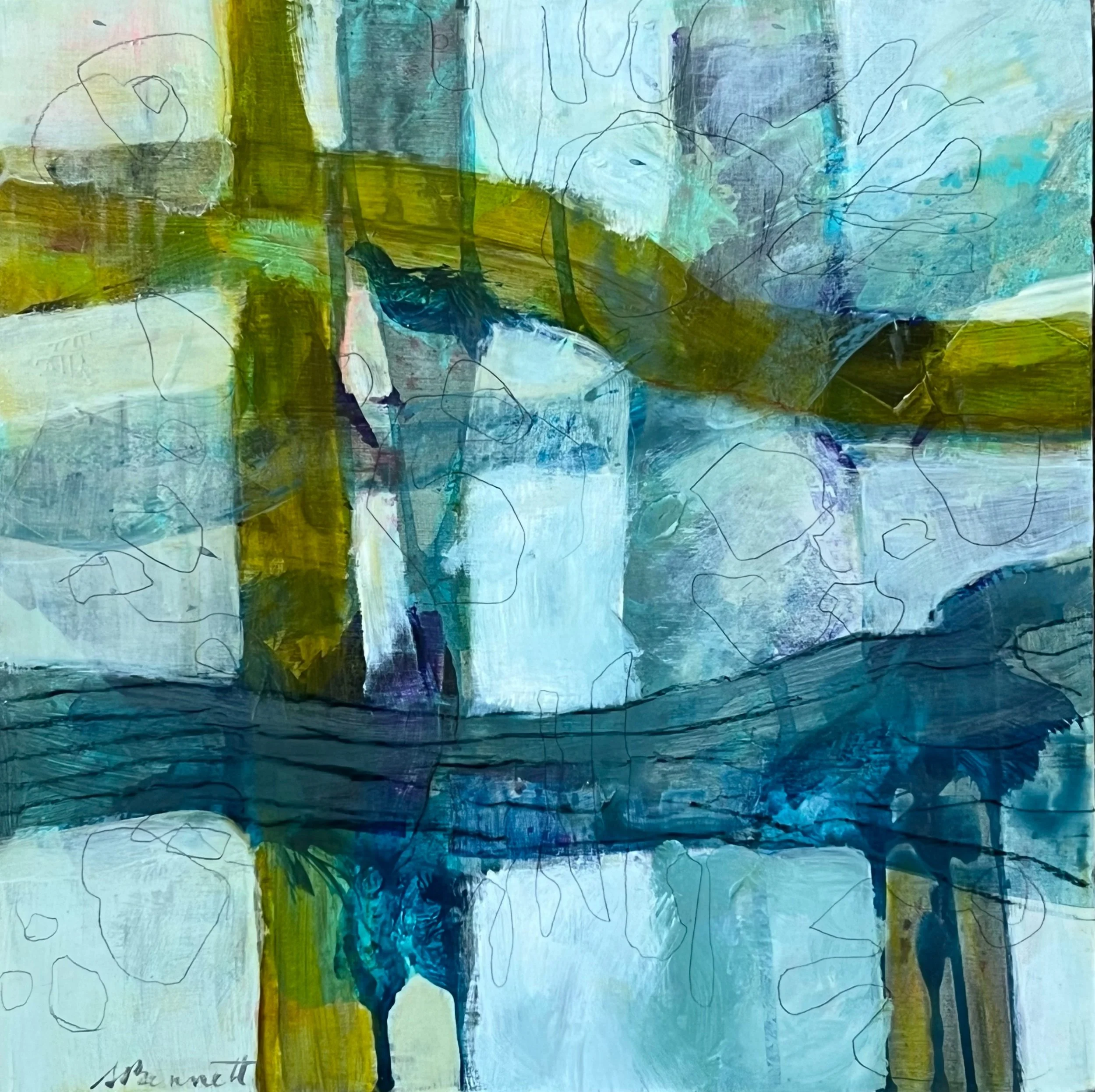 Dive into This, Acrylic/mixed media on board, 12” x 12”