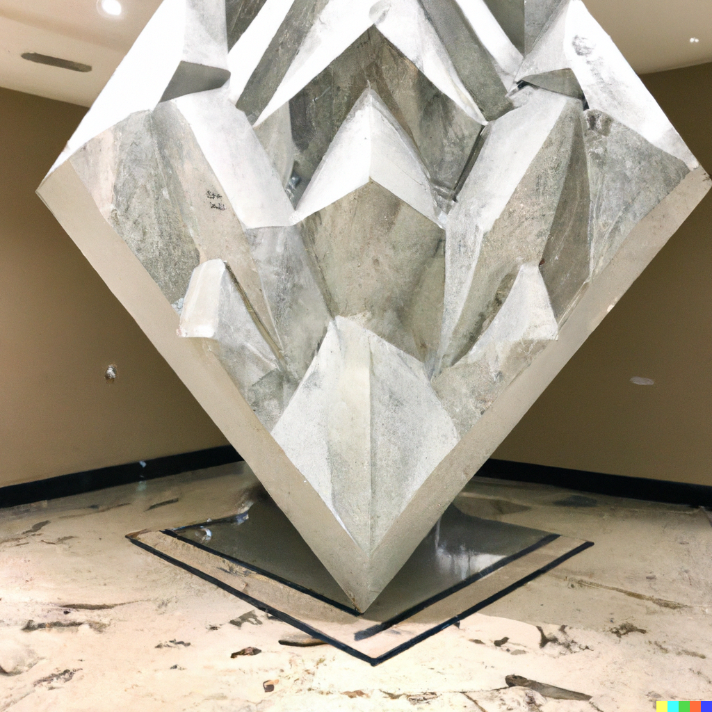 DALL·E 2023-01-20 19.04.40 - photo of large concrete diamond sculpture inside a large modern high rise lobby. shiny and crisp..png