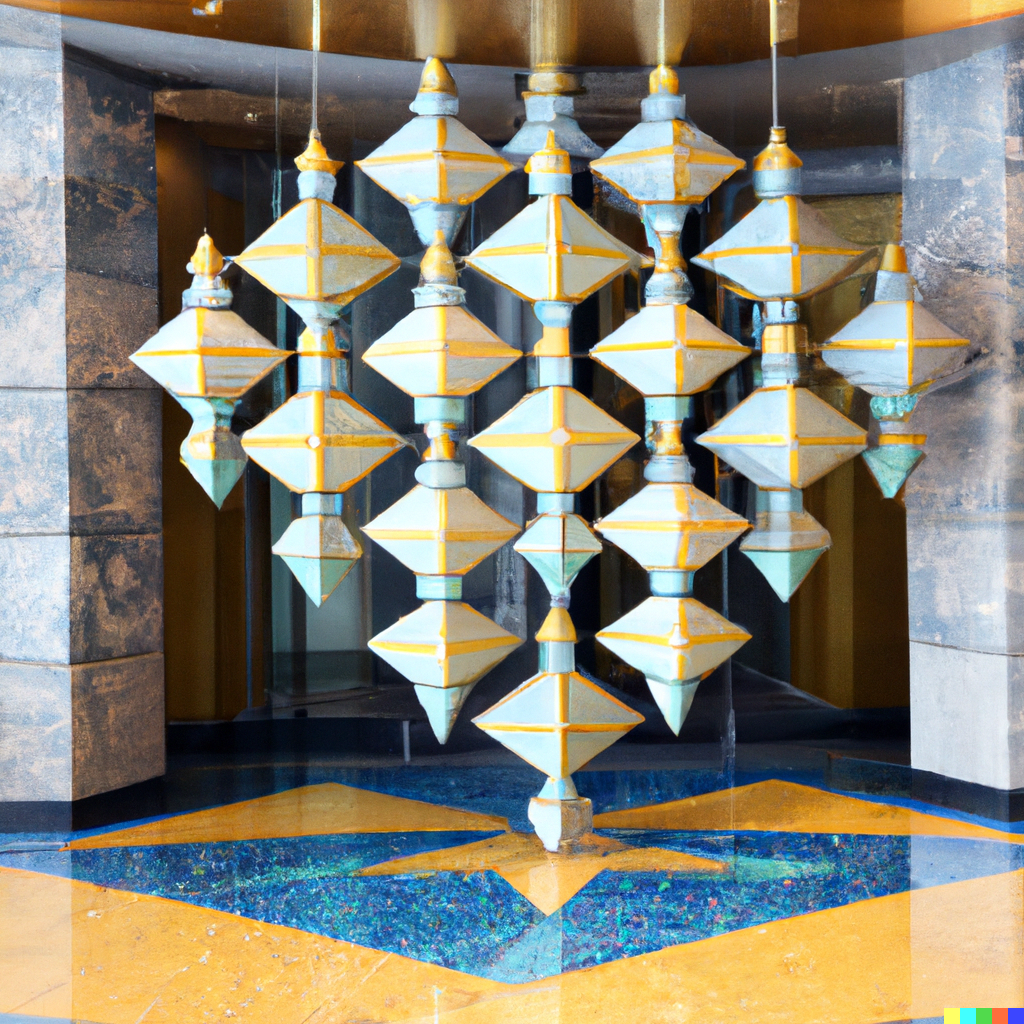 DALL·E 2023-01-20 19.49.31 - arabian tiled diamond shaped sculptures in large building lobby.png