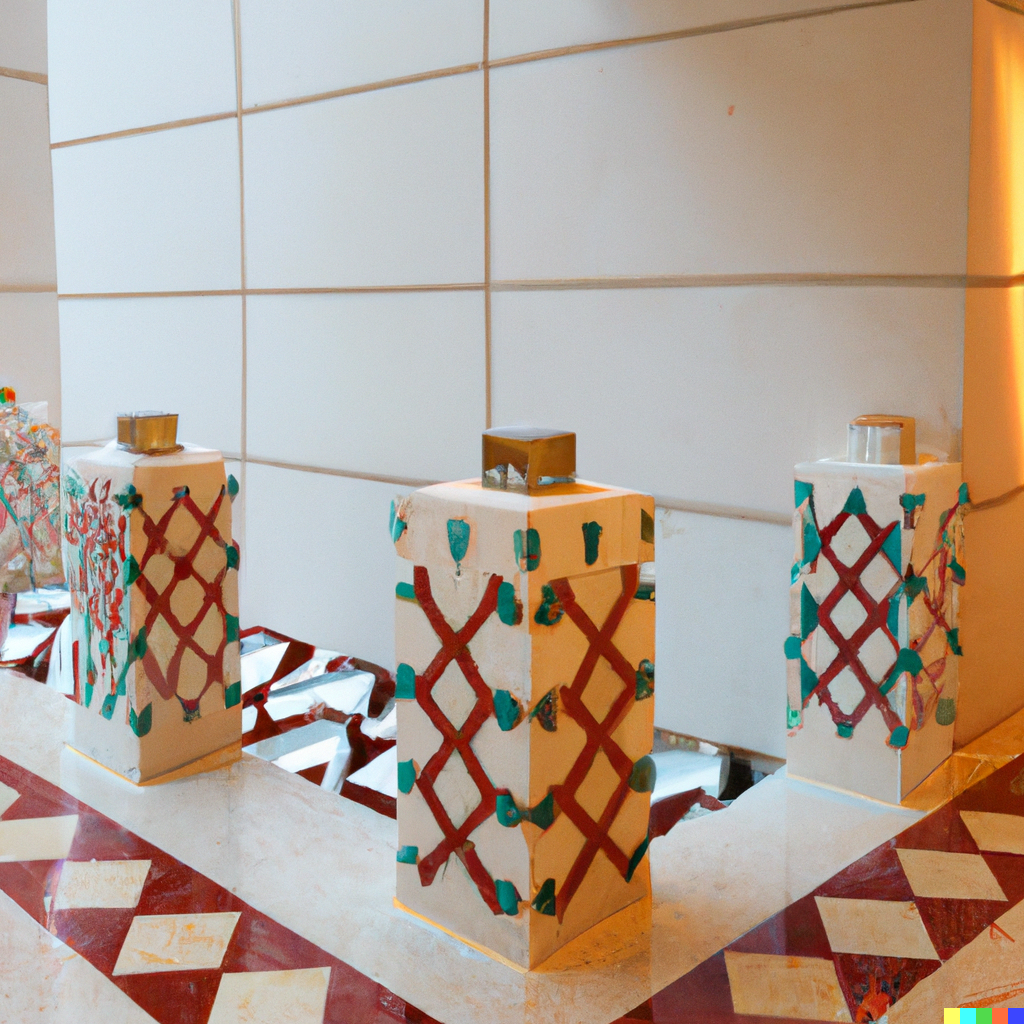 DALL·E 2023-01-20 19.49.45 - arabian tiled diamond shaped sculptures in large building lobby.png