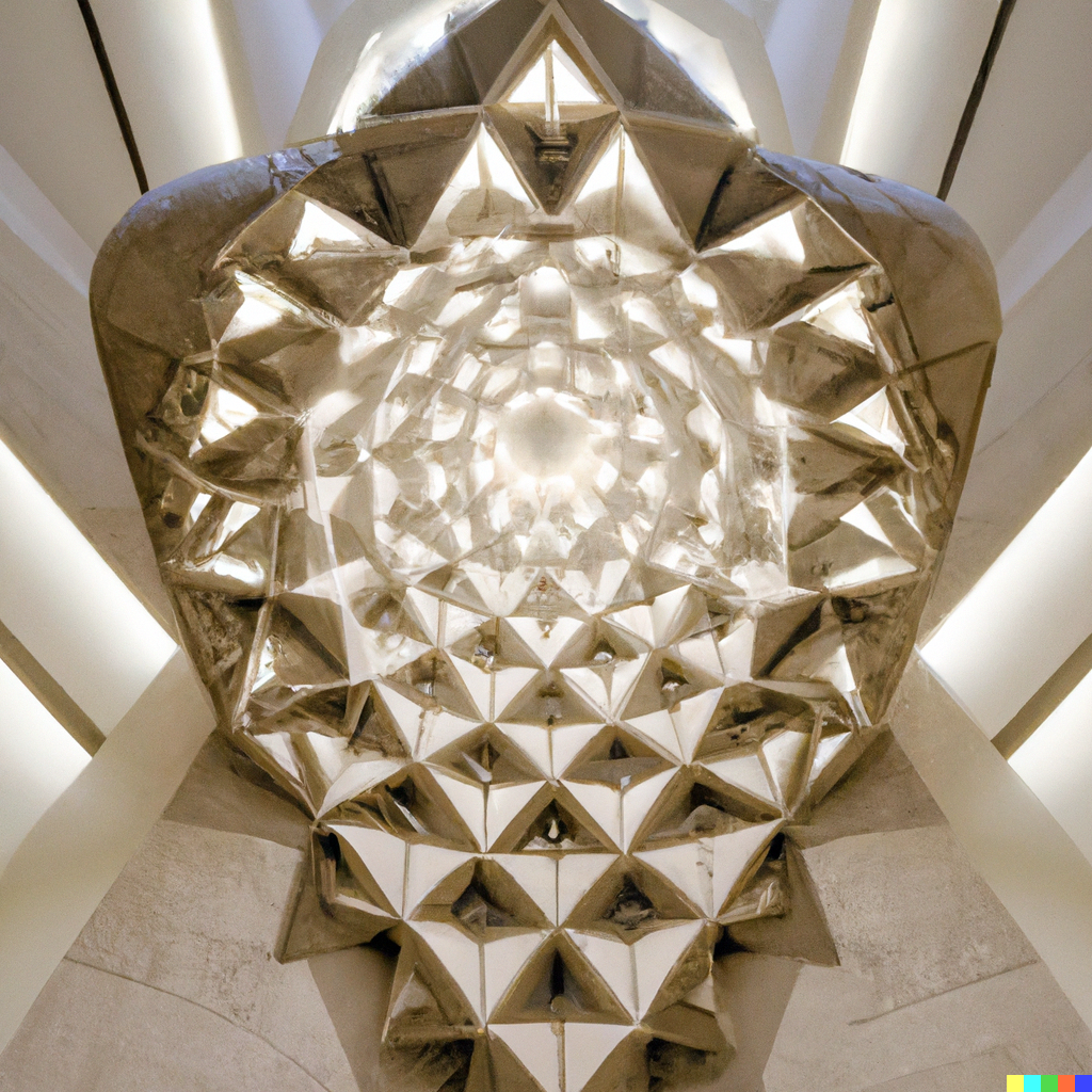 DALL·E 2023-01-20 19.59.46 - arabian tiled, diamond shaped, concrete sculpture in the lobby of a high rise. it is intricately designed and top-lit. ultra wide shot..png