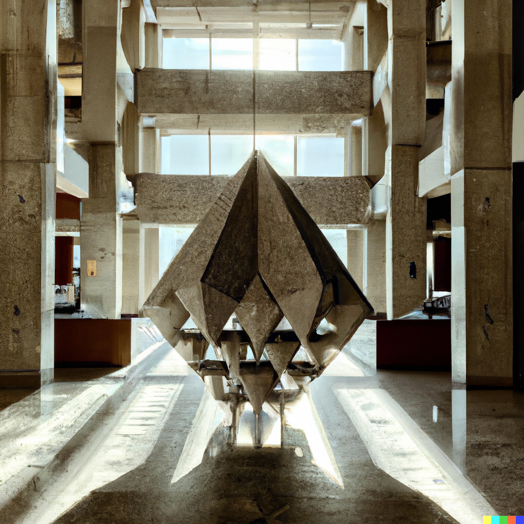 DALL·E 2023-01-21 15.01.19 - a Concrete Sculpture in a highrise lobby. Make the shape of the sculpture into a perfect symmetrical diamond. morning sun. wide shot..png