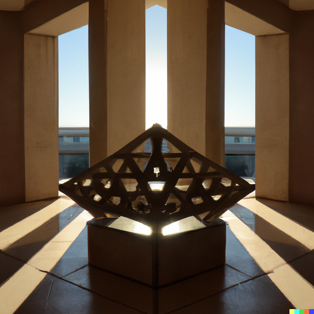 DALL·E 2023-01-21 15.01.41 - a Concrete Sculpture in a highrise lobby. Make the shape of the sculpture into a perfect symmetrical diamond. morning sun. wide shot..png