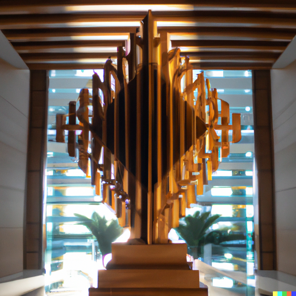 DALL·E 2023-01-21 15.03.48 - a Hardwood Sculpture in a highrise lobby. Make the shape of the sculpture into a perfect symmetrical diamond. morning sun. wide shot..png