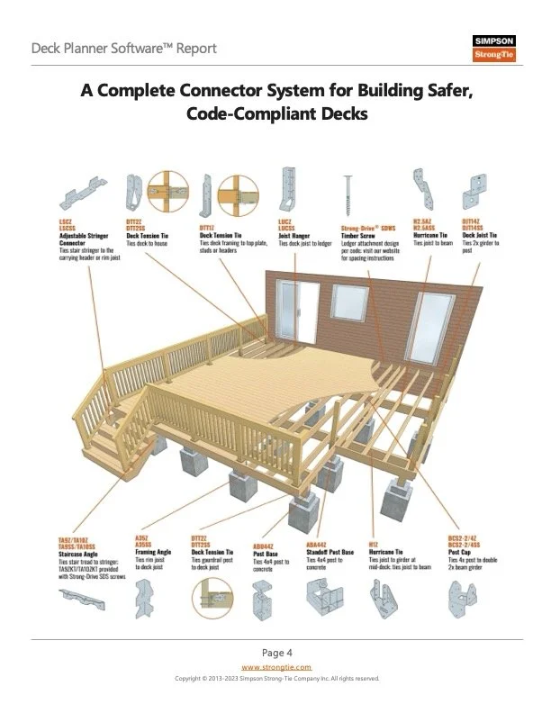 Deck framing plan with Simpson strong-tie connectors and load path layout