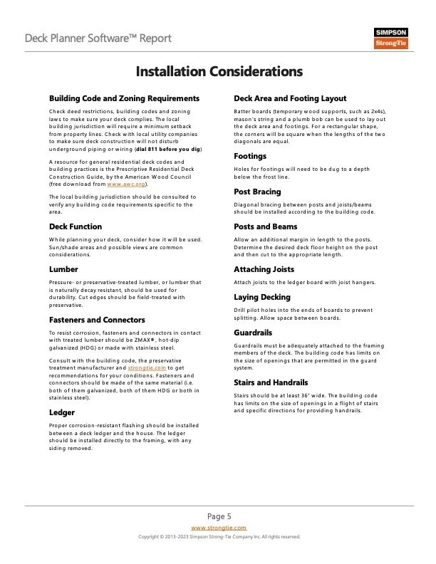 Professional deck design software output showing full construction planning