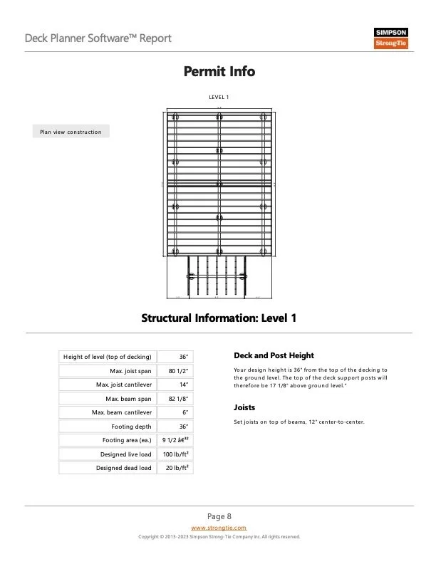 Custom deck structural plan with precise measurements and layout