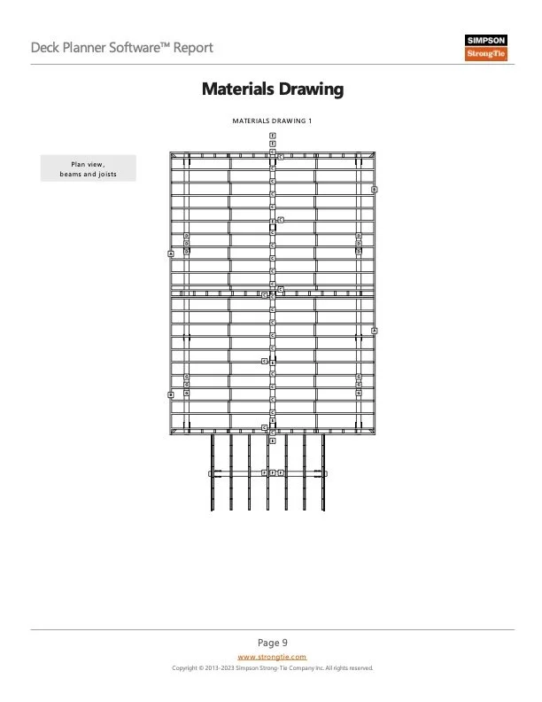 Custom deck structural plan with precise measurements and layout