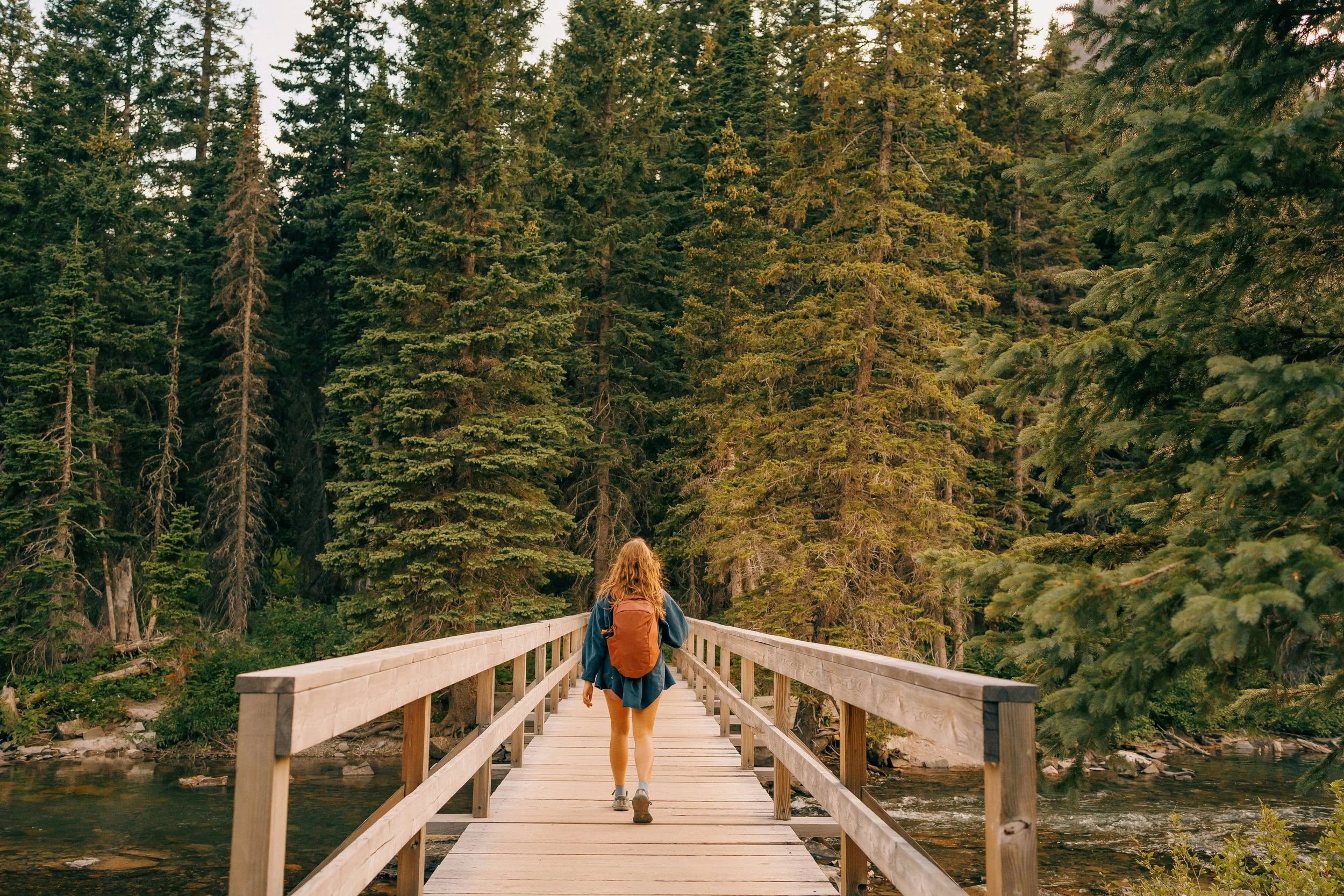 Hiking in the forest, women crossing a bridge | How to regulate your nervous system - Move