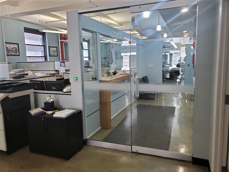 Glass enclosed elevator vestibule