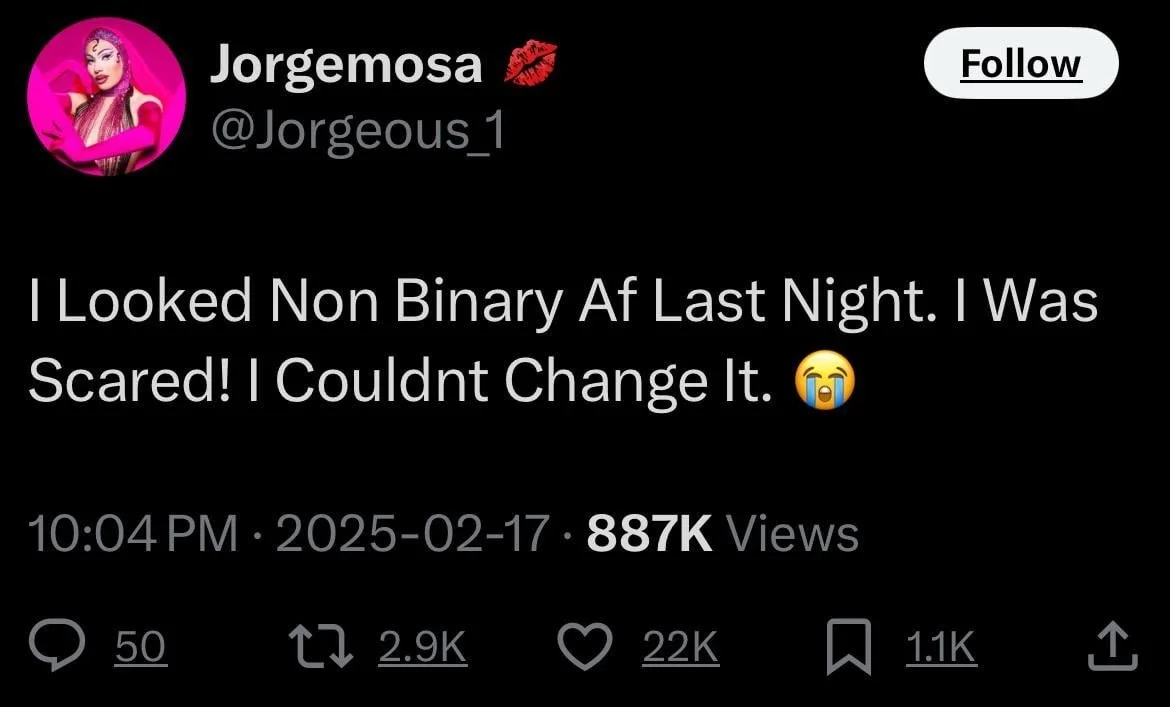  A detailed view of a single tweet, including a date, time, view count, reply count, repost count, like count, bookmark count, the follow button, and the share icon.   Jorgemosa @Jorgeous_1: I Looked Non Binary Af Last Night. I Was Scared! I Couldnt 