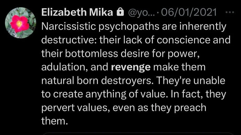  A tweet from Elizabeth Mika (with the lock icon), @yo…: Narcissistic psychopaths are inherently destructive: their lack of conscience and their bottomless desire for power, adulation, and revenge make them natural born destroyers. They’re unable to 