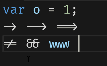 Animation showing various ligature features of Fira Code, including ligatures for www, !==, and ==>