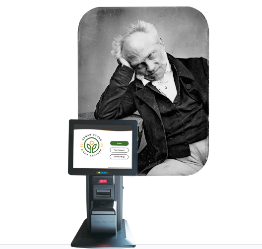 A portrait of Arnold Schopenhauer, edited so he is leaning on a self-checkout machine