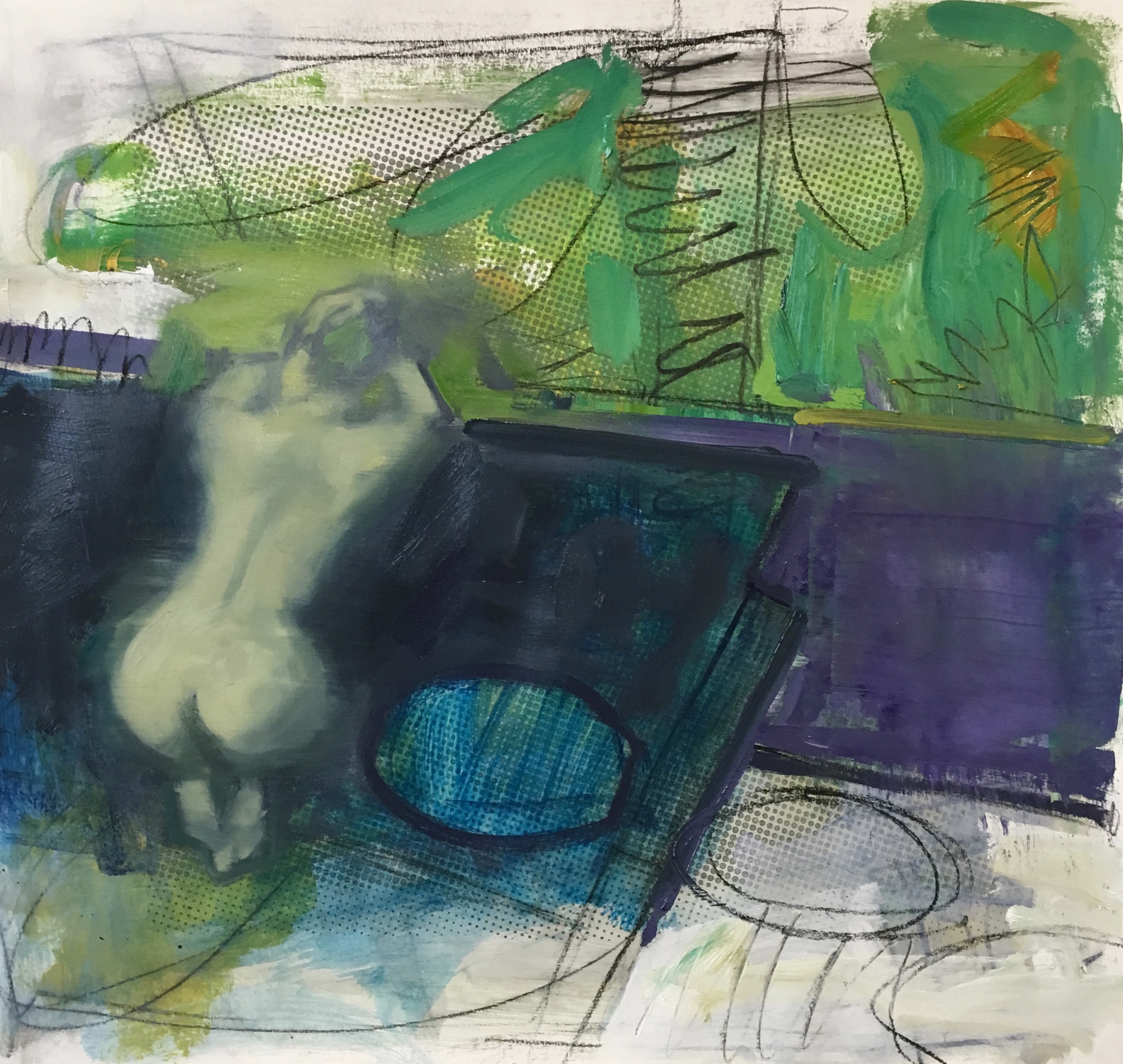 figurative work on paper using charcoal ,oil,screen print.