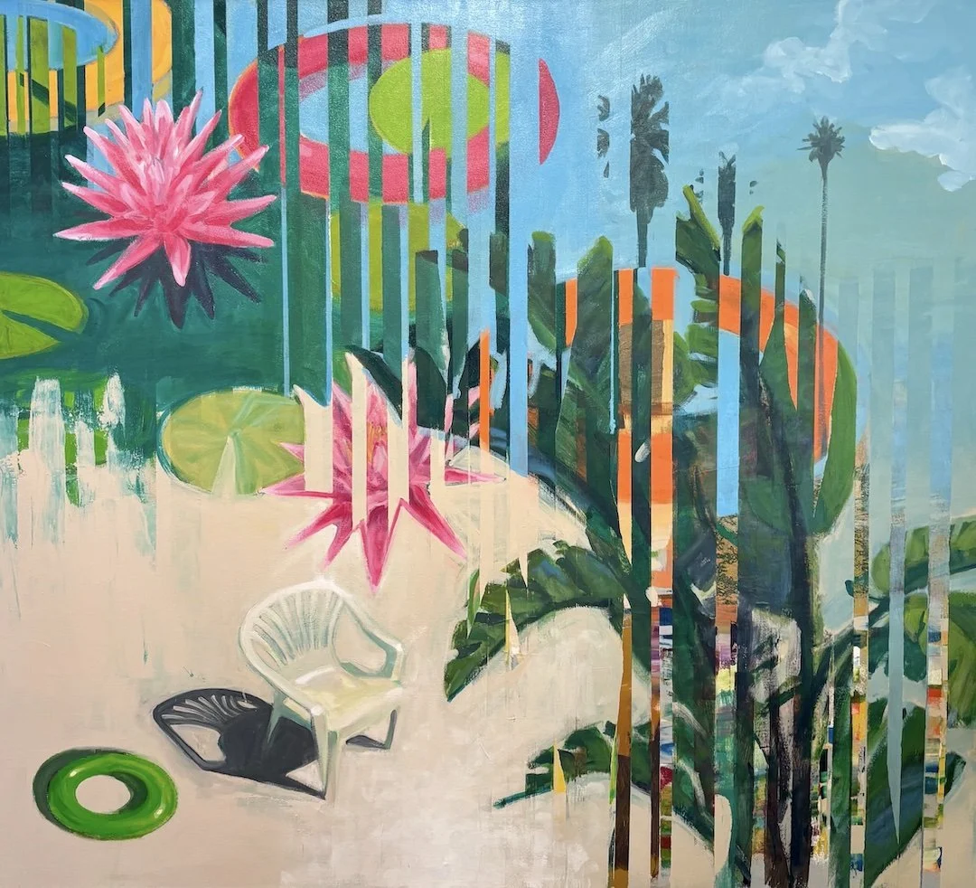 "Inner Tube, Chair and Koy Pond, 60x68, acrylic on canvas