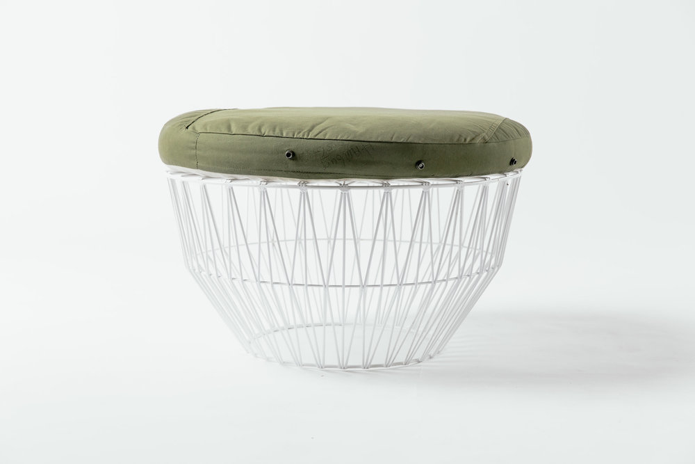 Bend Wire Ottoman White (with Vintage Army cushion) — Yeah! Rentals