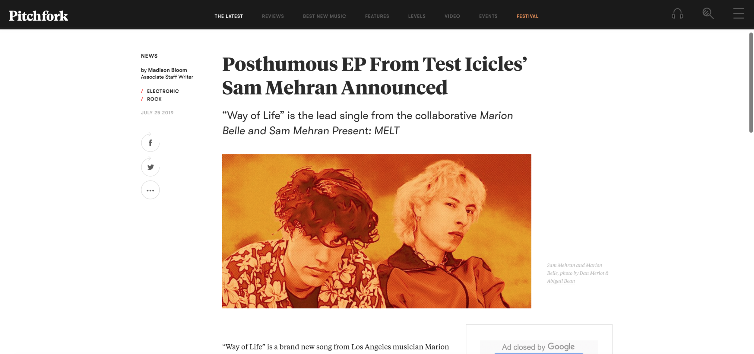 Pitchfork premiered the first single off my collaborative EP “MELT” with the one and only Sam Mehran. We wrote and produced about 10 songs from Feb-July 2018. 5 of them appear on this EP and the rest will be forthcoming. You can read it about it HERE + stream everywhere.