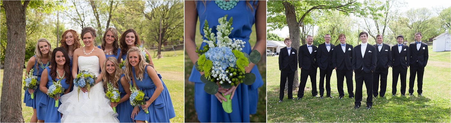 With seven bridesmaid in cornflower blue dresses & seven groomsmen in coordinated bowties, this bridal party was dressed to impress! Desire gifted her bridesmaid's with unique teal necklaces that pulled the blue hydrangeas from their blue and green bouquets. 