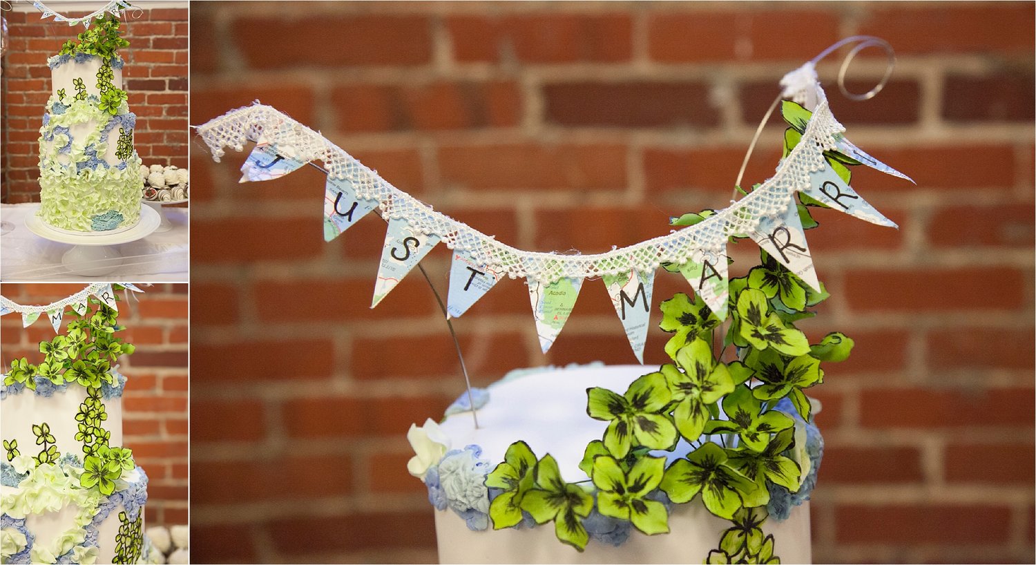 The Cake: Hand-painted lime green and blue flowers decorated the 3-tier wedding cake, topped with a miniature banner made out of a world maps.